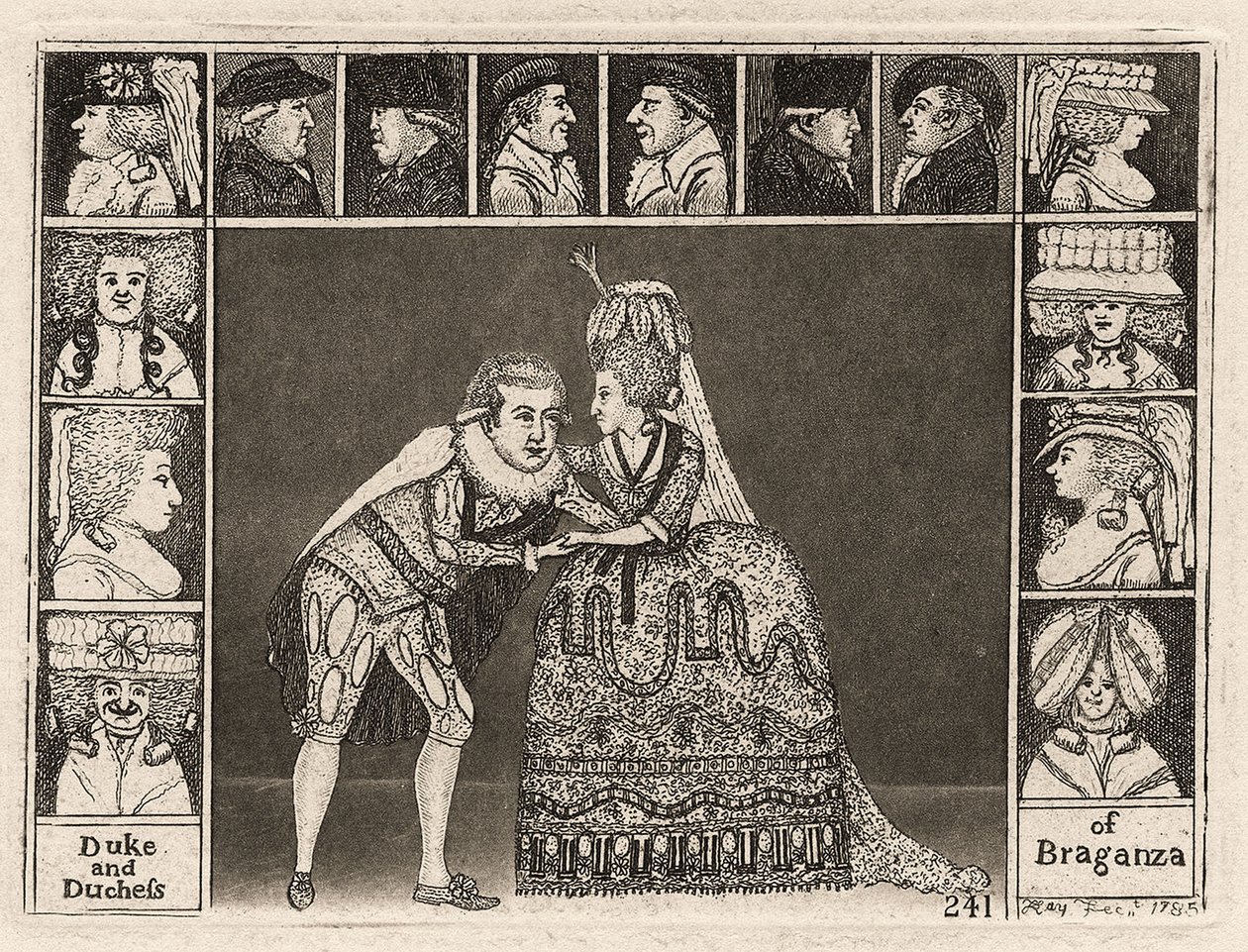 Mary Ann Yates y Laurence Clinch interpretando al Duque y la Duquesa de Braganza en Braganza rodeados por miembros del público. 1785 de John Kay