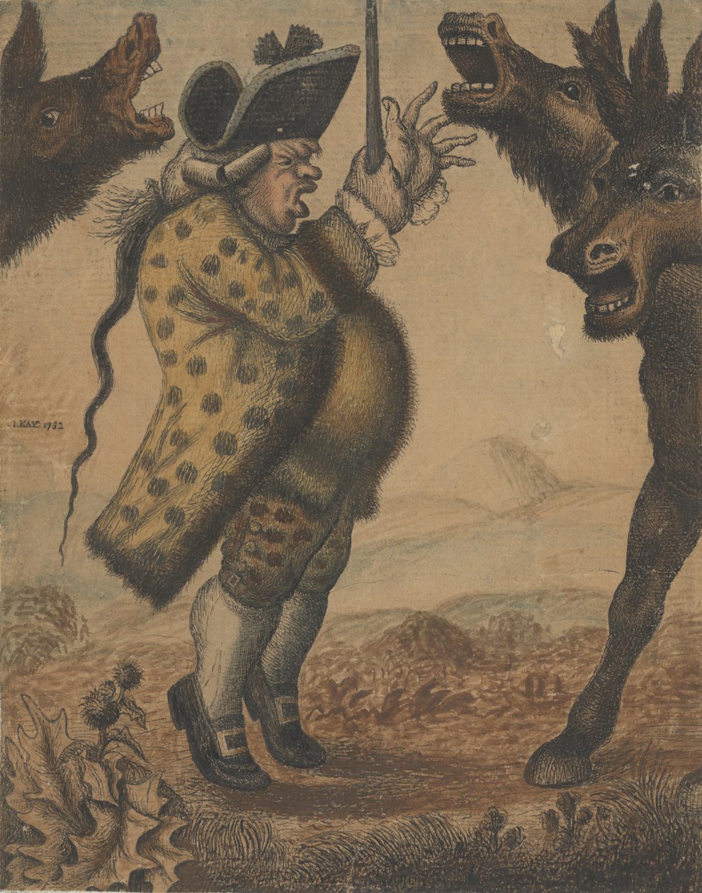 El Sr. Alexander Campbell, organista, dirigiendo tres asnos rebuznando, 1782 de John Kay