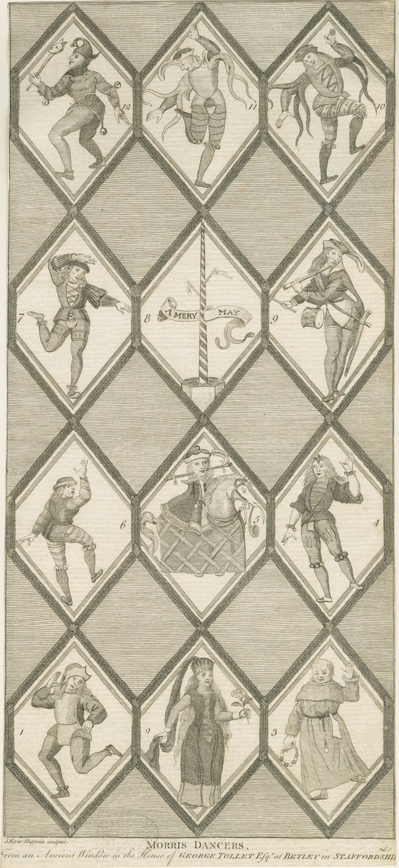 Ventana de Vidrio de Betley - Bailarines Morris: grabado de John Keyse Sherwin