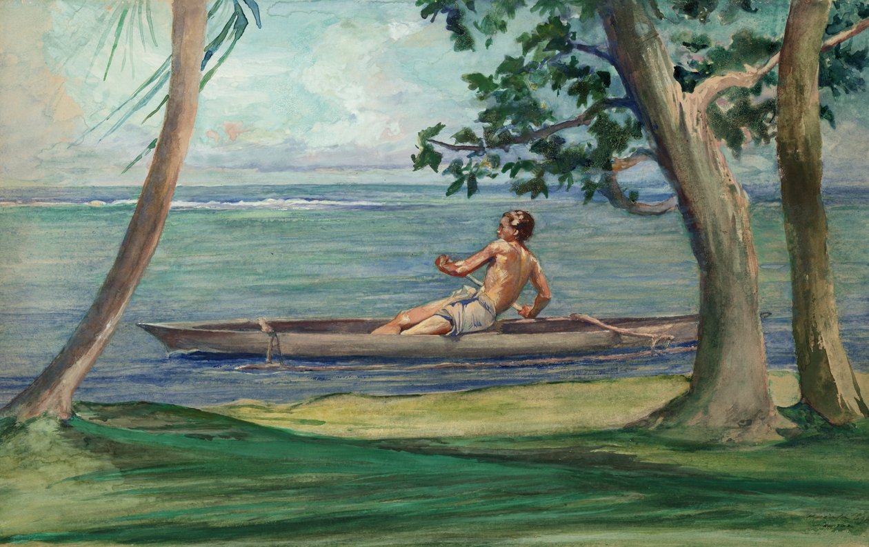 Chico en canoa pasando por delante de nuestra casa, Vaiala, Samoa de John La Farge