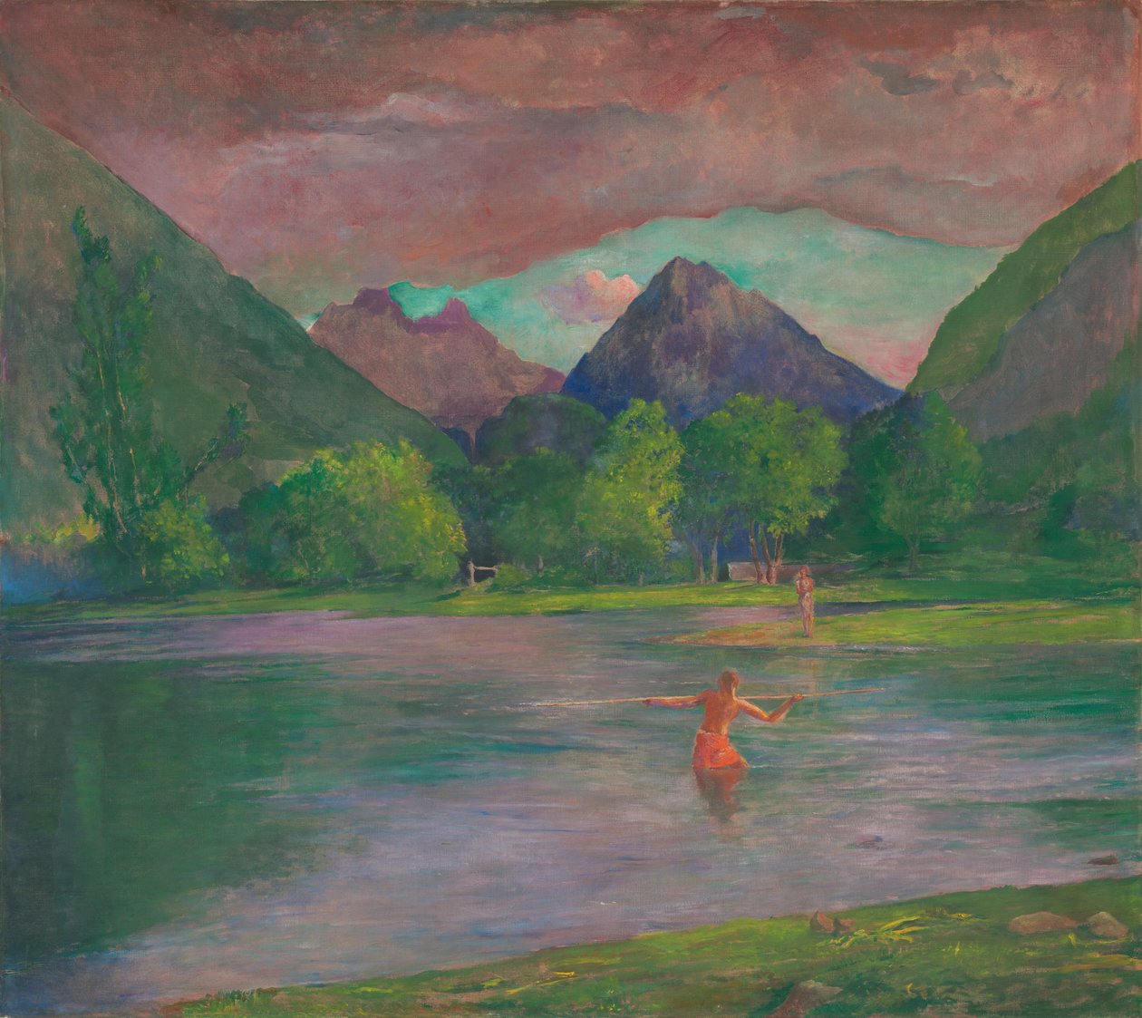 La entrada al río Tautira, Tahití. Pescador lanzando un arpón de John La Farge