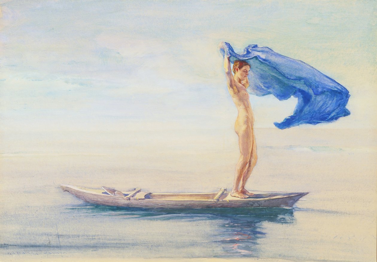 Niña en la proa de una canoa extendiendo su taparrabos como vela, Samoa, c.1895-96 de John La Farge or Lafarge