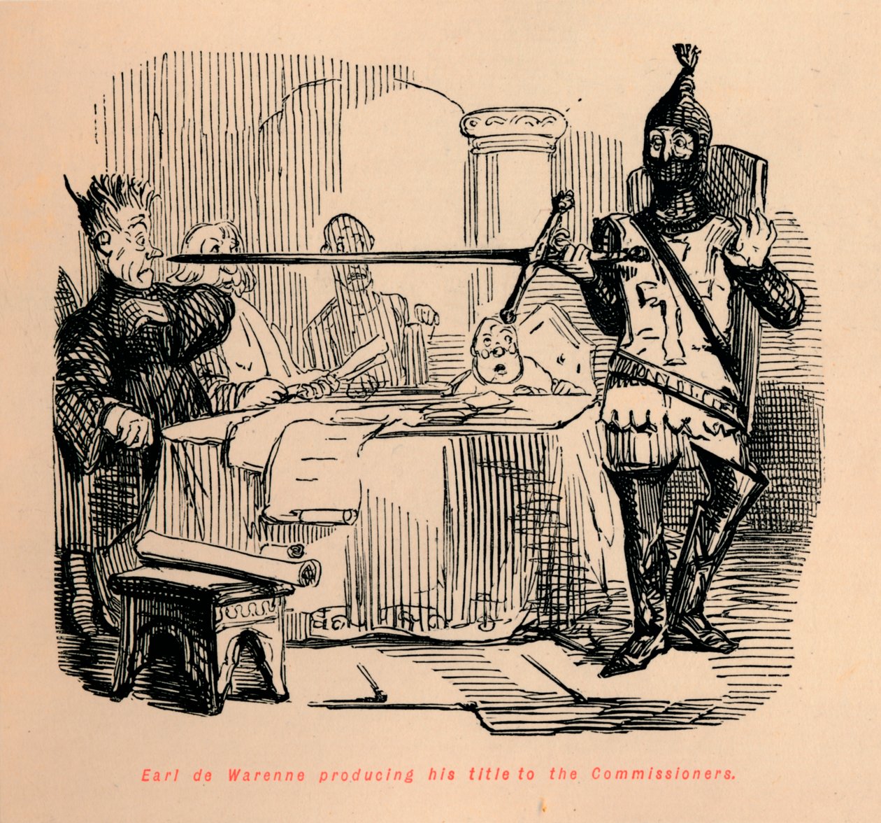 Conde de Warenne presentando su título a los comisionados, c1860 de John Leech