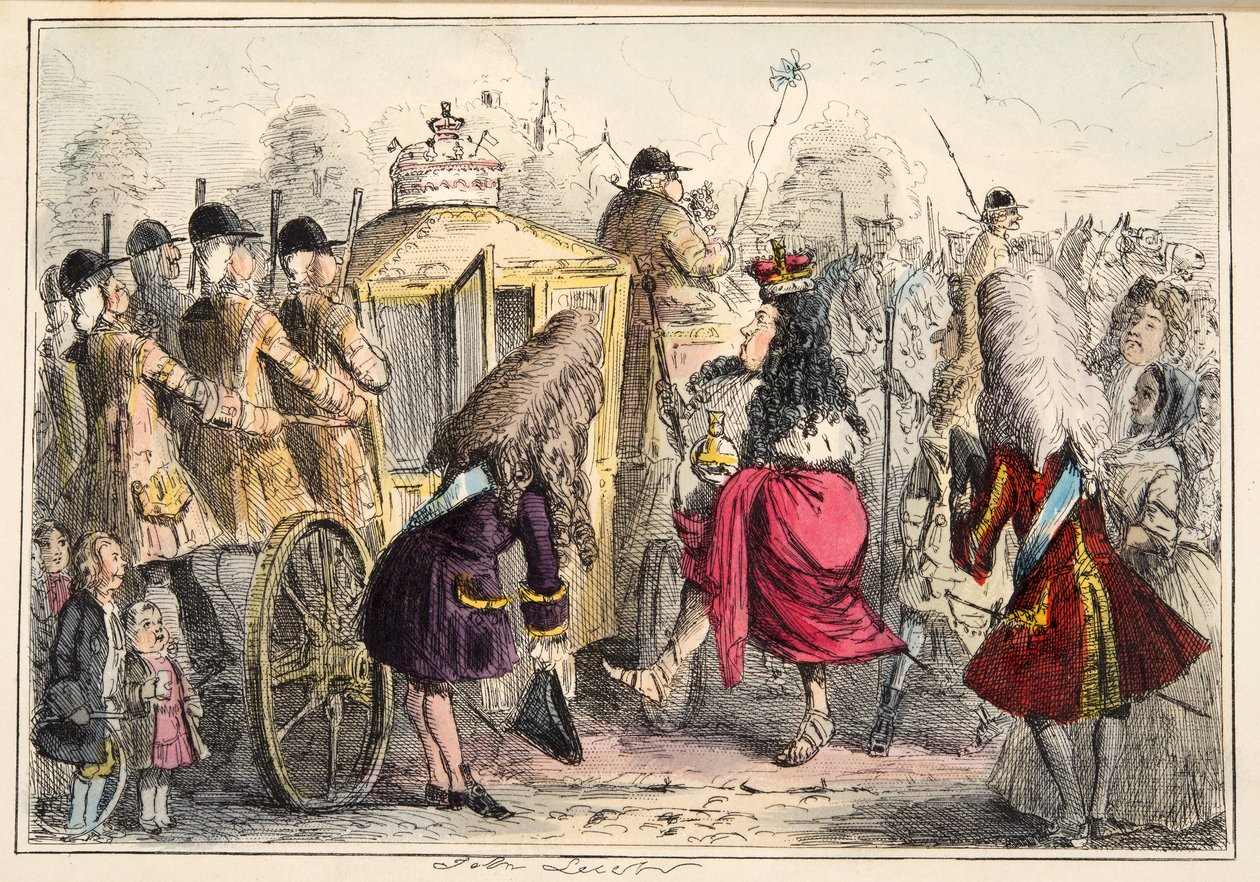 Georgey Porgey el Primero saliendo a pasear en su carroza de estado, de The Comic History of England, pub. 1864 de John Leech