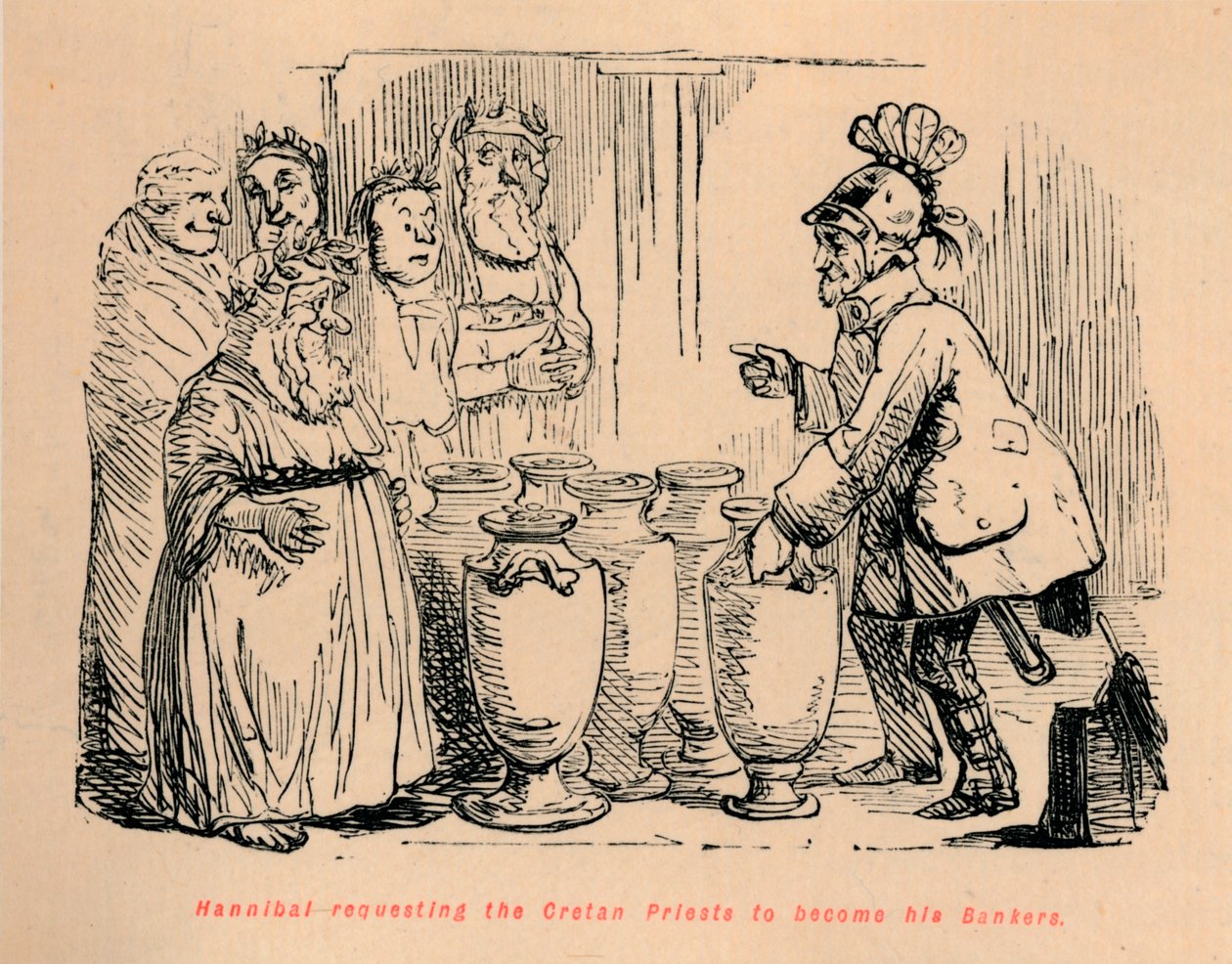 Aníbal solicitando a los sacerdotes cretenses que se conviertan en sus banqueros, 1852 de John Leech