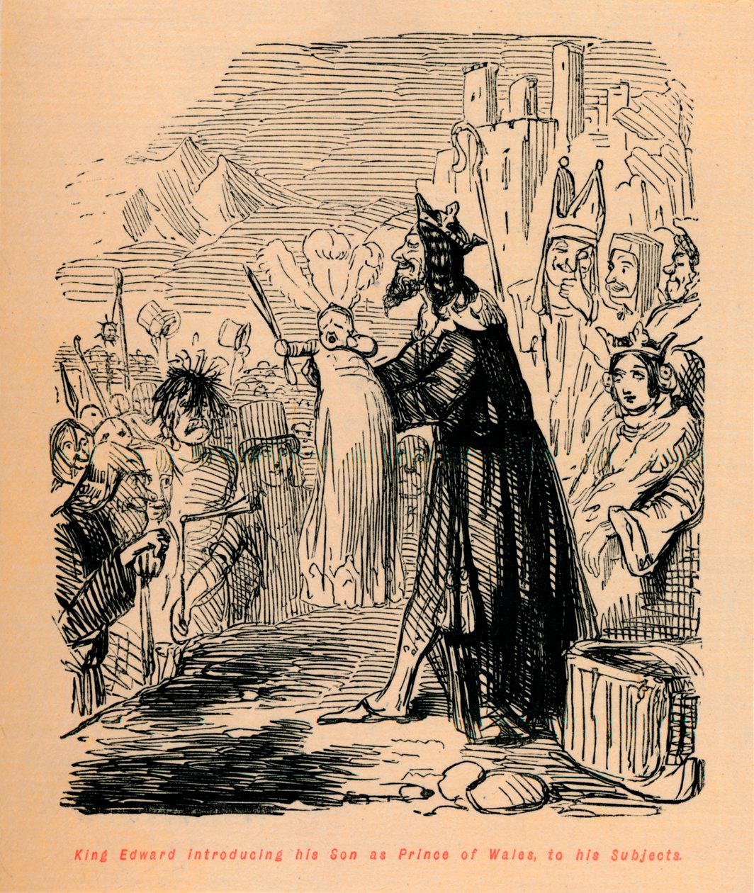 El rey Eduardo presentando a su hijo como Príncipe de Gales a sus súbditos, c. 1860 de John Leech