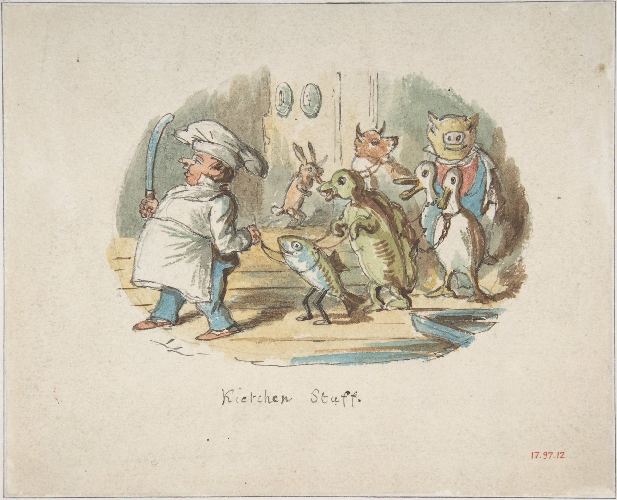 Personal de cocina (anverso); Paisaje montañoso con un excursionista (reverso) de John Leech