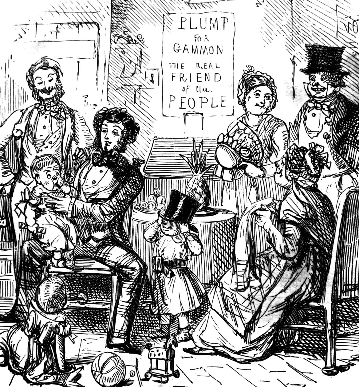 Los miembros de una familia de primera clase pasan tiempo juntos en una tienda de John Leech