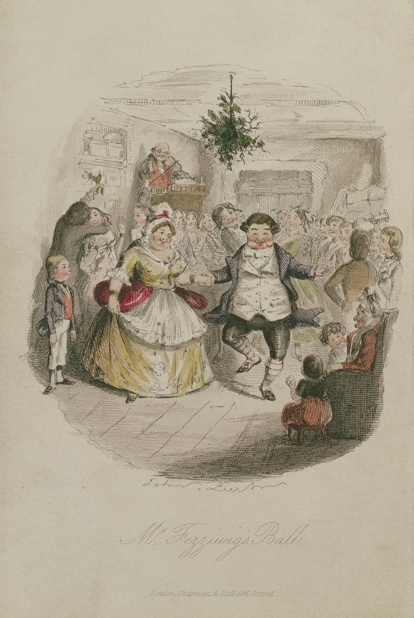 El baile de Mr. Fezziwig, ilustración de Un cuento de Navidad por Charles Dickens, pub. 1843 de John Leech
