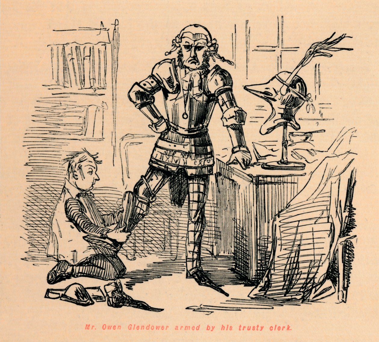 El Sr. Owen Glendower armado por su fiel secretario, c1860 de John Leech