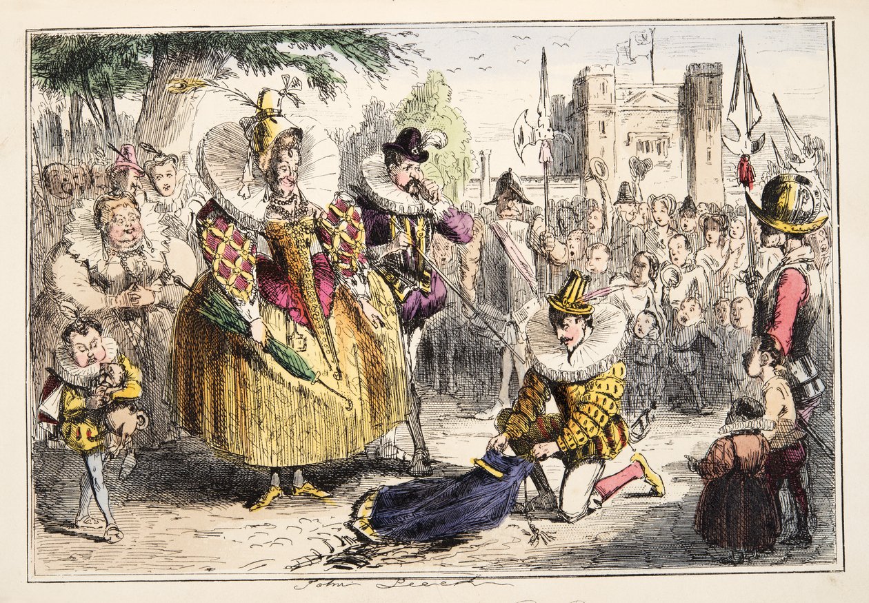 Reina Isabel y Sir Walter Raleigh, de La Historia Cómica de Inglaterra, pub. 1864 de John Leech