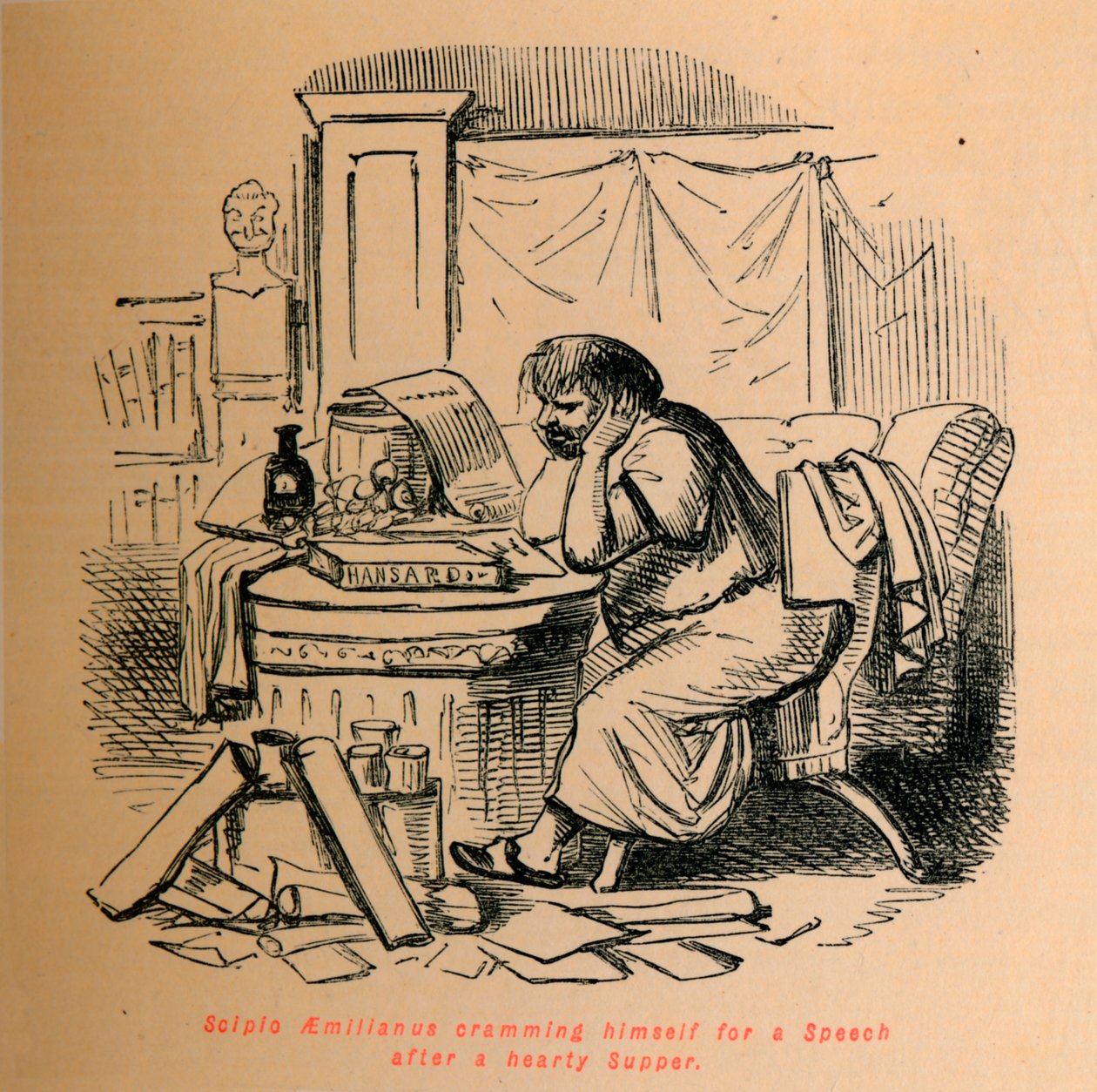 Escipión Emiliano preparándose para un discurso después de una cena abundante, 1852 de John Leech
