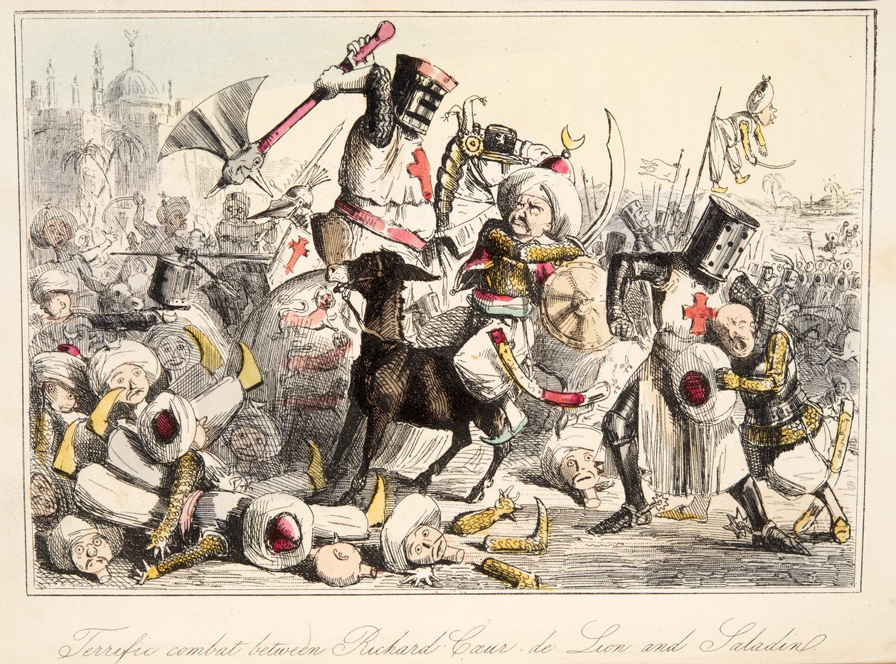 Combate terrible entre Ricardo Corazón de León y Saladino, de The Comic History of England, pub. 1864 de John Leech
