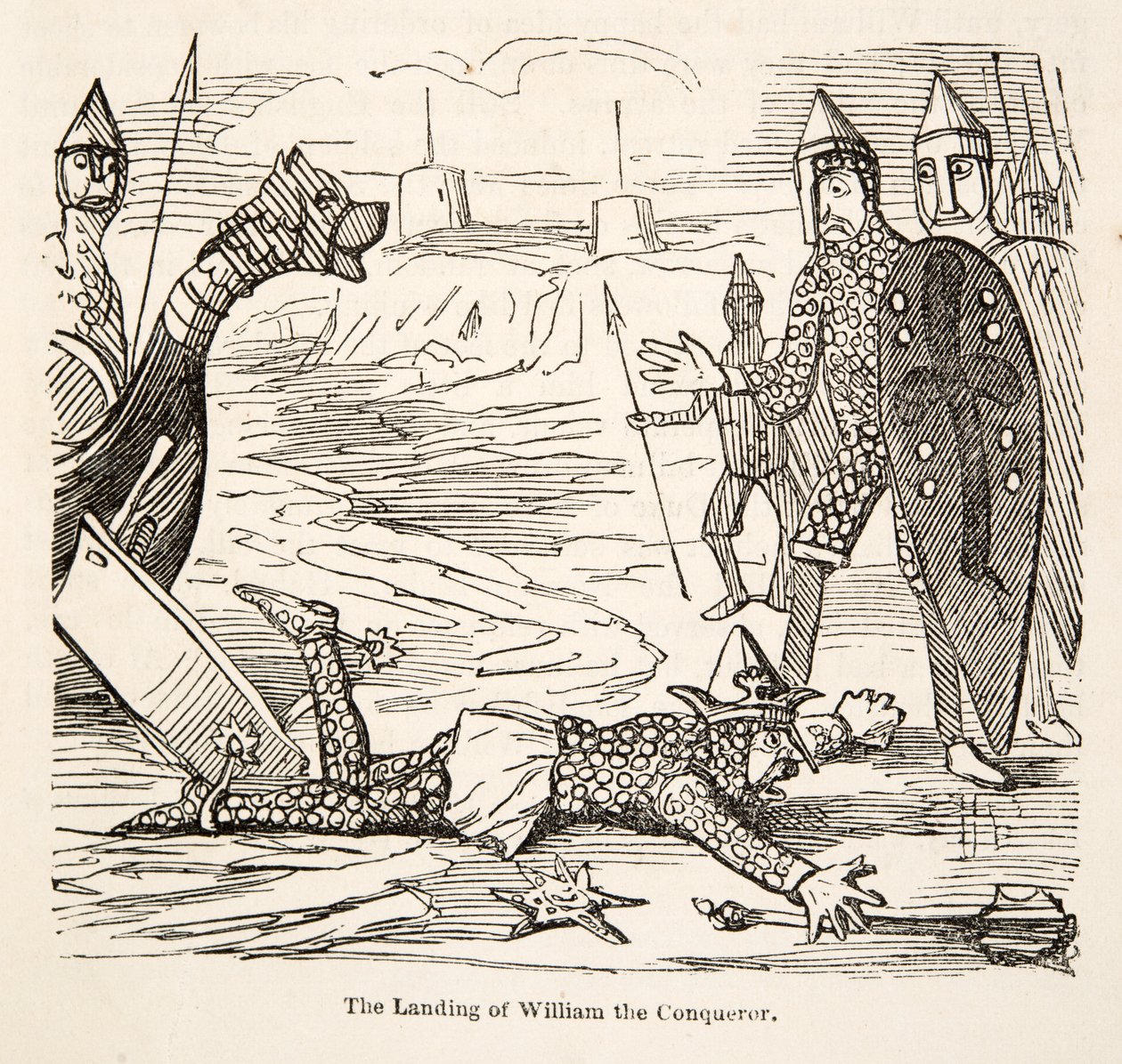 El desembarco de Guillermo el Conquistador, de La Historia Cómica de Inglaterra, pub. 1864 de John Leech