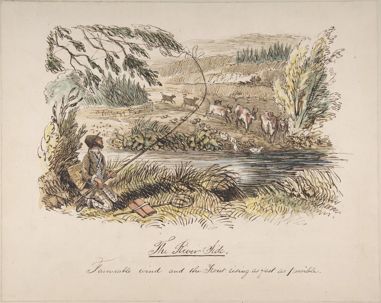 «La orilla del río, viento favorable y la trucha picando tan rápido como sea posible» de John Leech