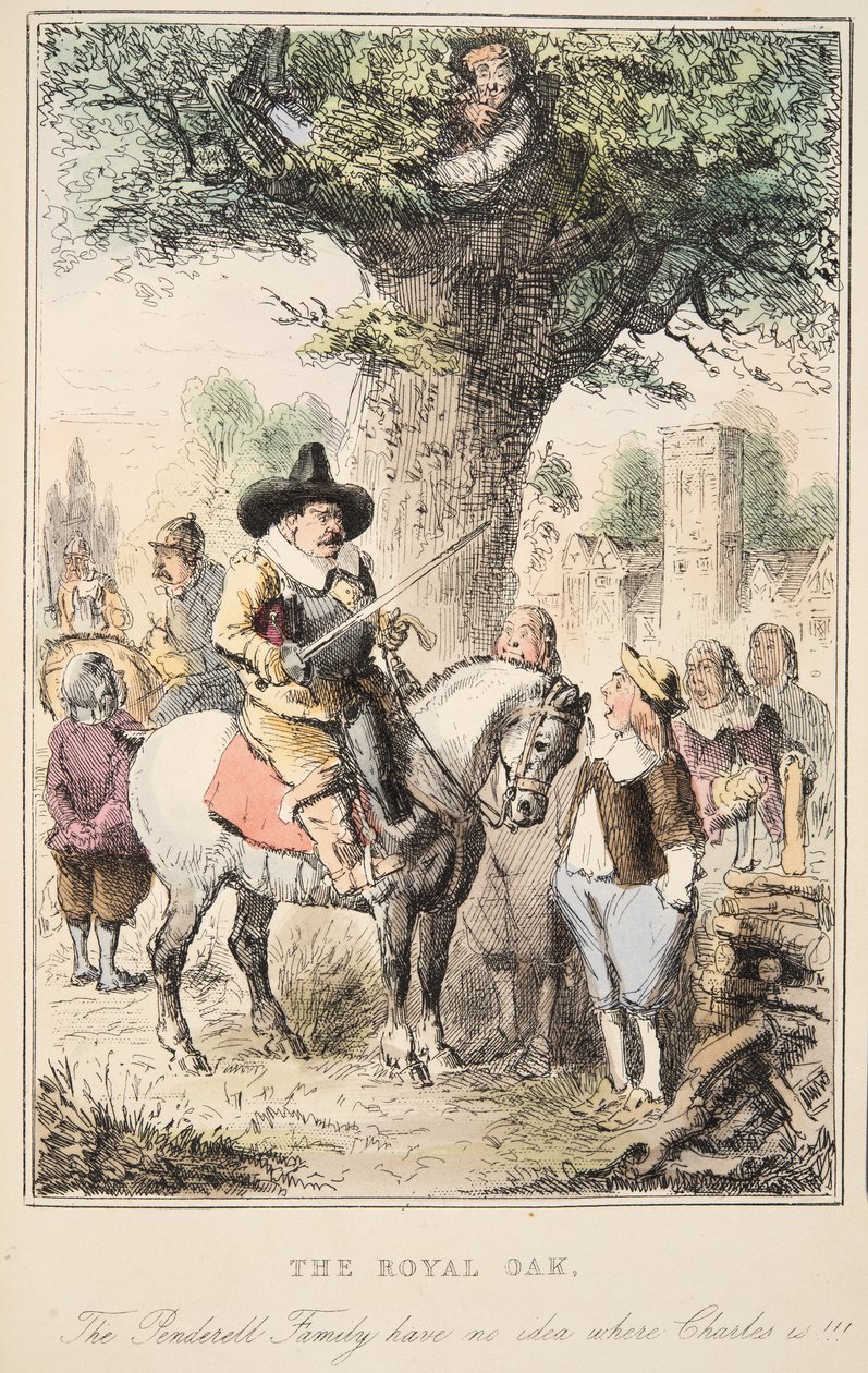 El roble real. ¡La familia Penderell no tiene idea de dónde está Carlos!, de The Comic History of England, pub. 1864 de John Leech