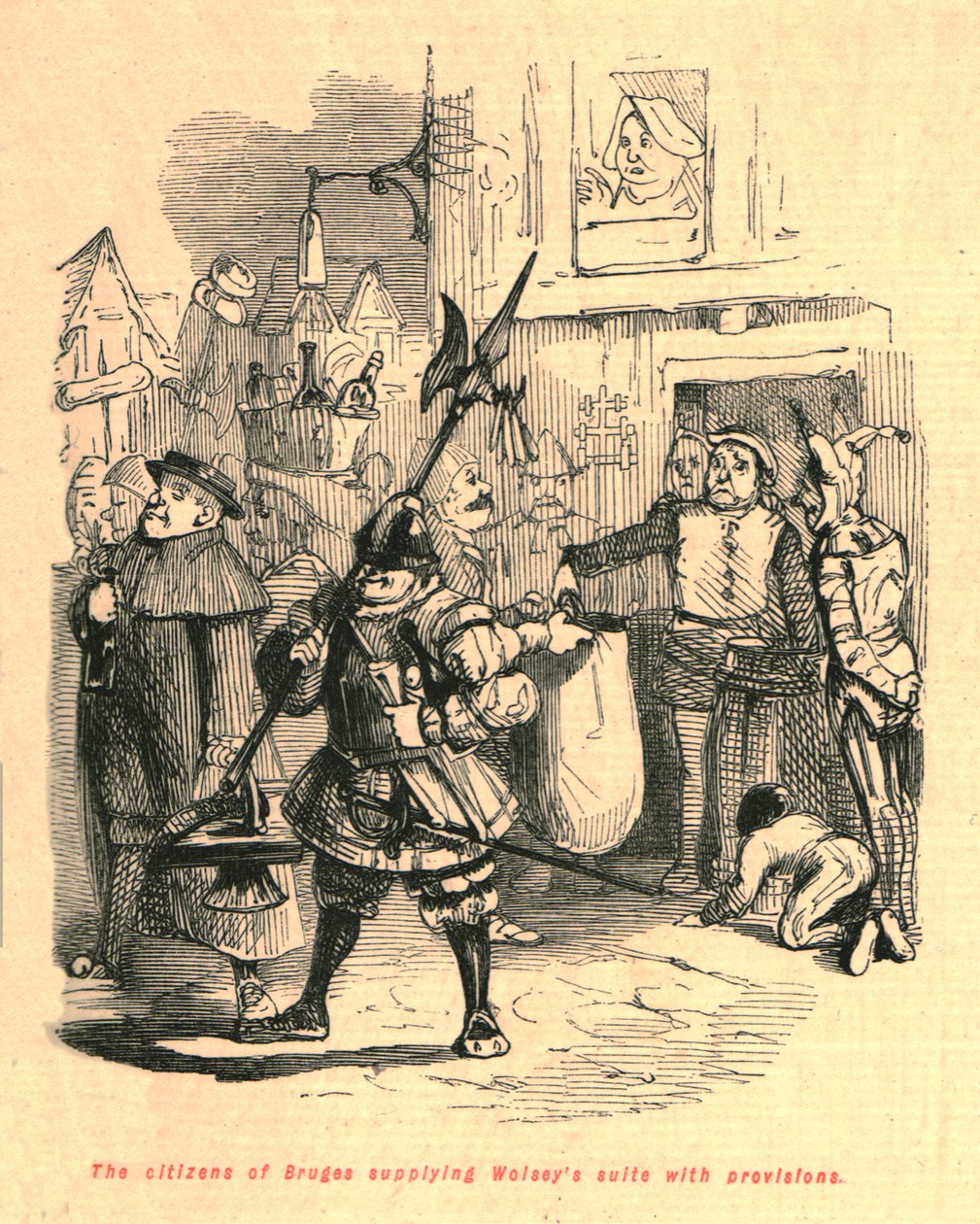 Los ciudadanos de Brujas suministrando provisiones a la suite de Wolsey, 1897 de John Leech