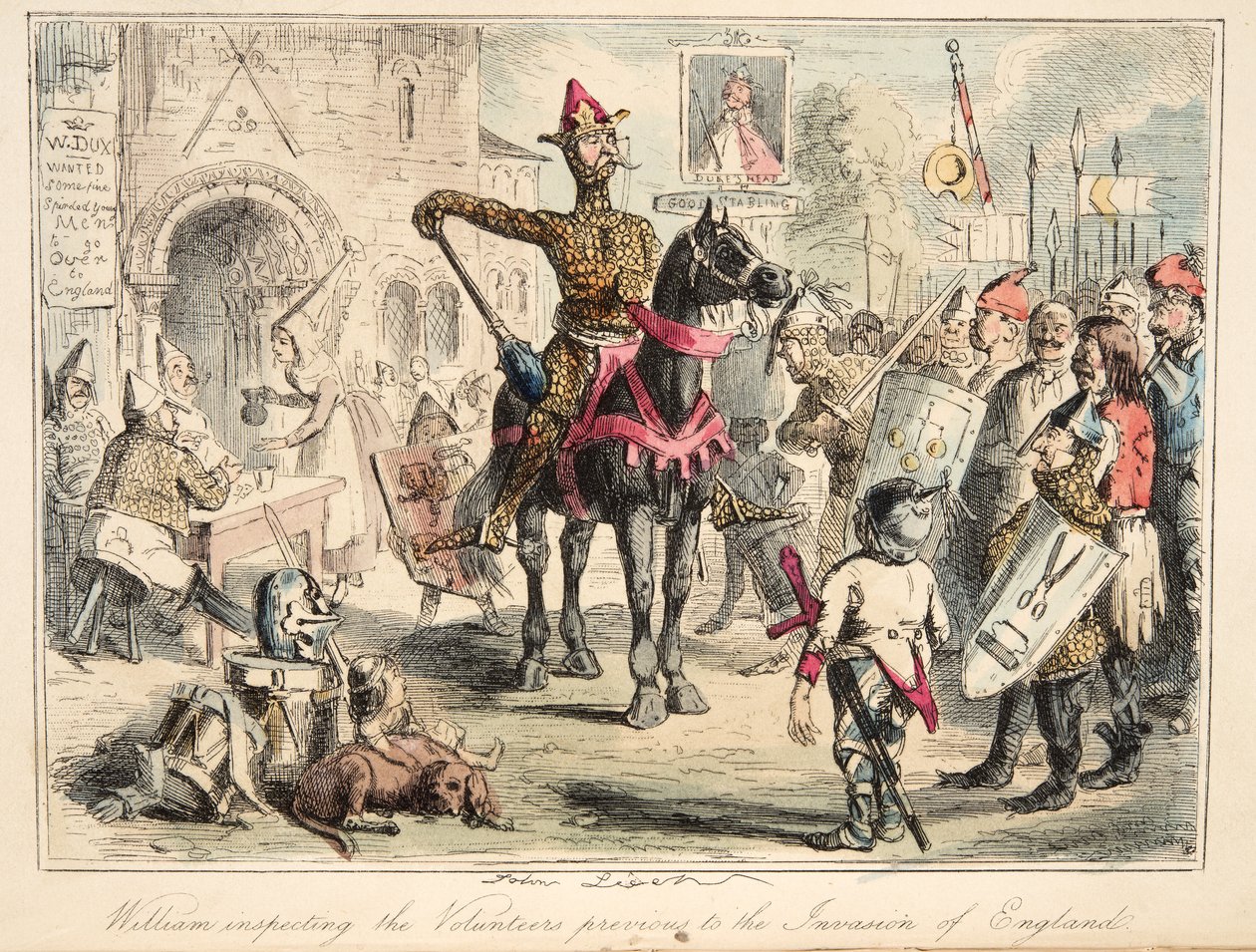 Guillermo el Conquistador inspeccionando a los voluntarios antes de la invasión de Inglaterra, de The Comic History of England, pub. 1864 de John Leech