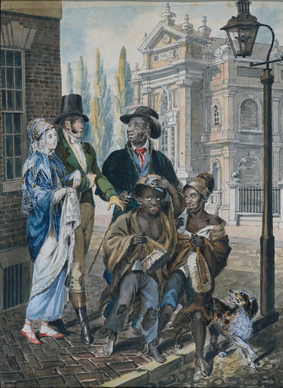 Gente mundana cuestionando a deshollinadores y su maestro frente a la Iglesia de Cristo, 1811-ca. 1813 de John Lewis Krimmel