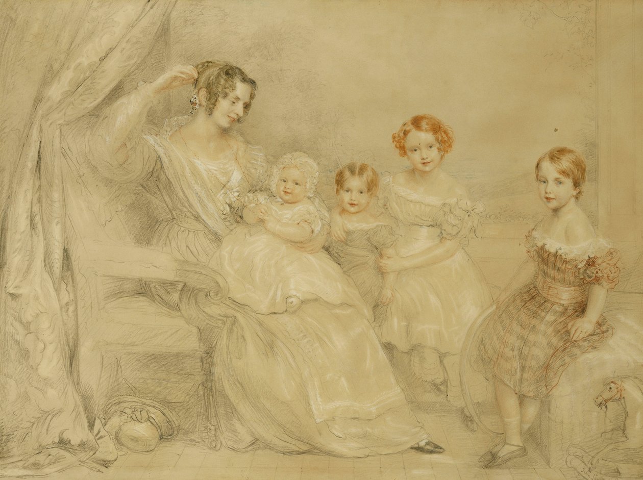 Retrato de la Sra. W.S. Fry y sus cuatro hijos: Emma, Willy, Julie y Georgina, sentados en un interior, 1840 de John Linnell