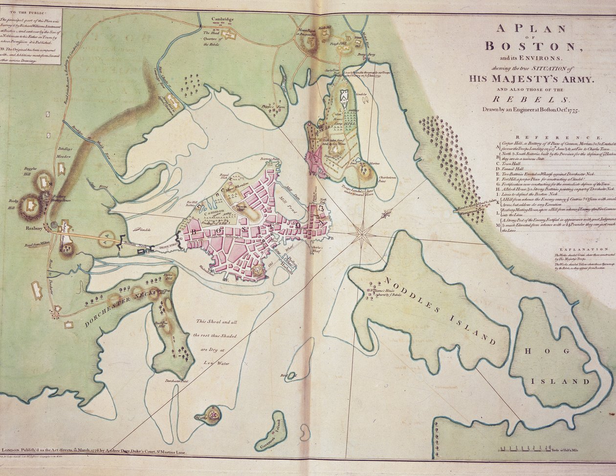 Plano de Boston y sus alrededores que muestra la posición de las fuerzas británicas y las fuerzas rebeldes estadounidenses, dibujado en octubre de 1775, impreso en 