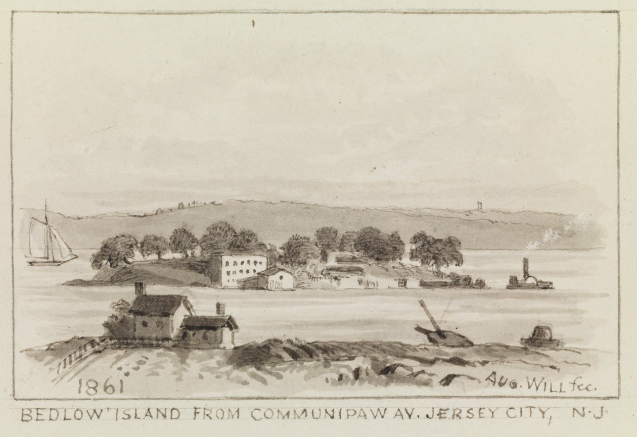 Isla Bedlow desde Communipaw Av., Jersey City, N.J., 1861 de John M. August Will