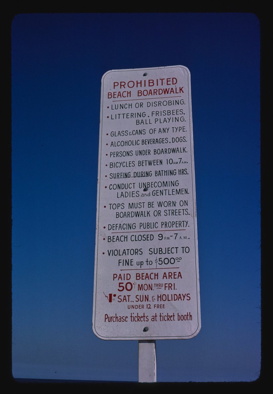 Playa, Boardwalk Rules, Seaside Heights, Nueva Jersey, EE.UU. de John Margolies