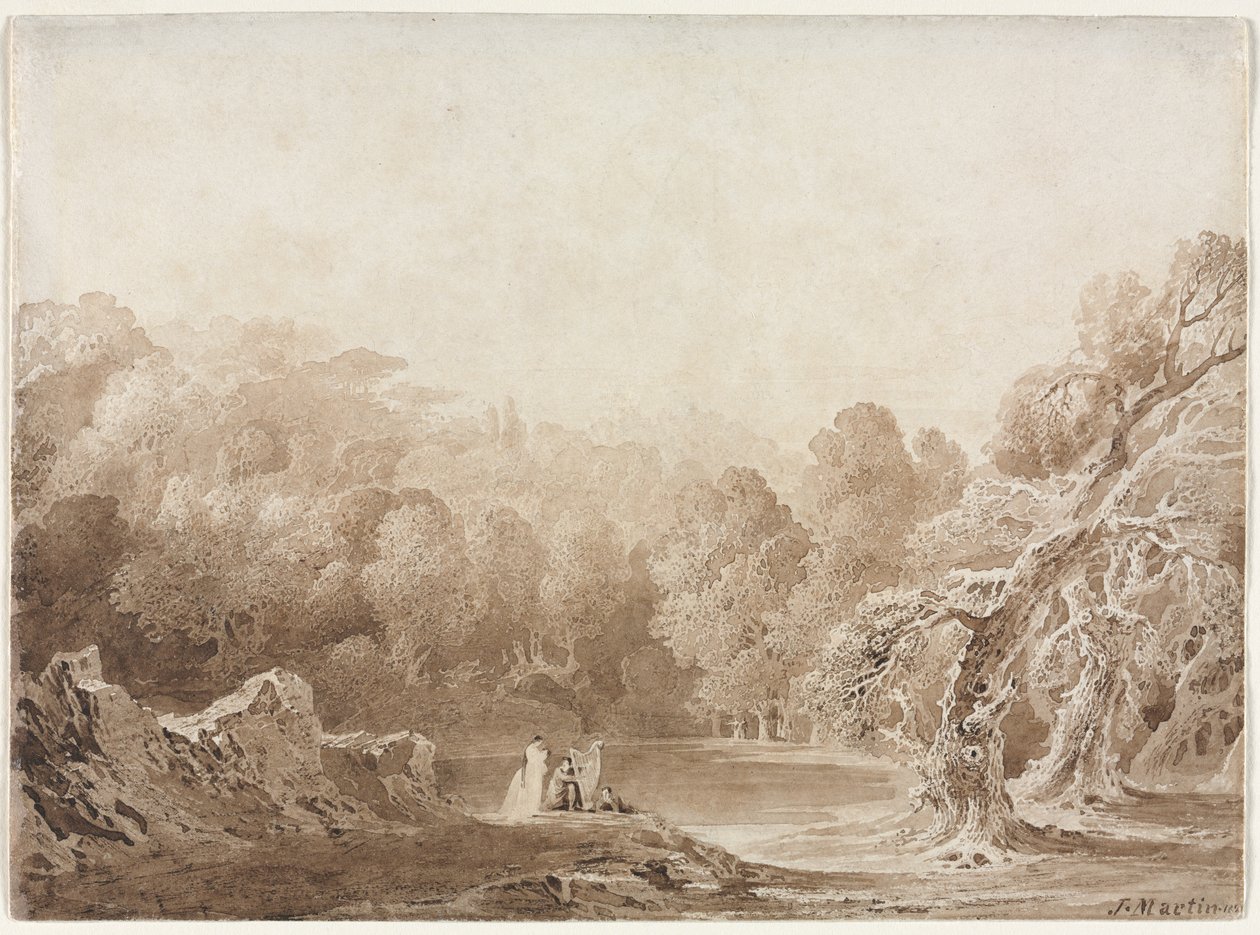 Un hombre tocando un arpa con otras figuras junto a un lago, 1820 de John Martin