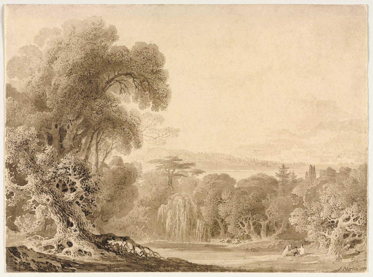 Figuras sentadas junto a un lago en un paisaje boscoso, 1820 de John Martin