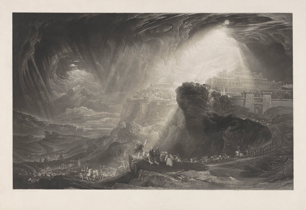 Josué ordena que el sol se detenga, prueba de impresión antes del texto de John Martin