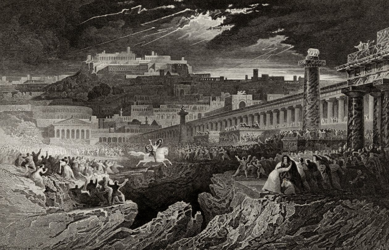 Marco Curcio cabalgando hacia el abismo, grabado por H. Le Keux de John Martin