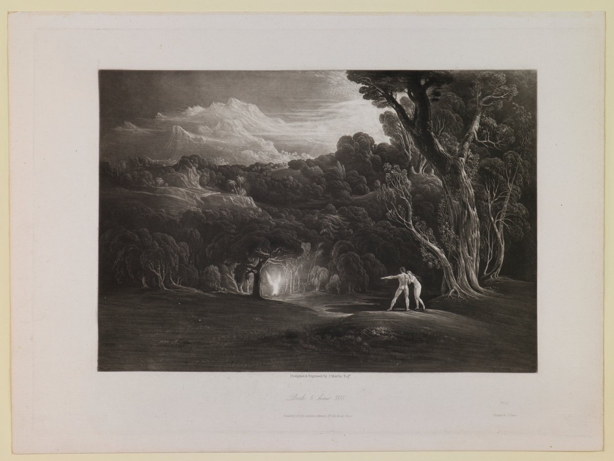 El paraíso - con la llegada del arcángel Rafael (Libro 5, verso 308), de «El paraíso perdido» de John Martin