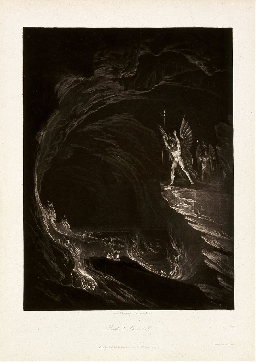 Satanás despertando a los ángeles caídos, Libro 1, línea 314, de John Milton, El paraíso perdido. de John Martin