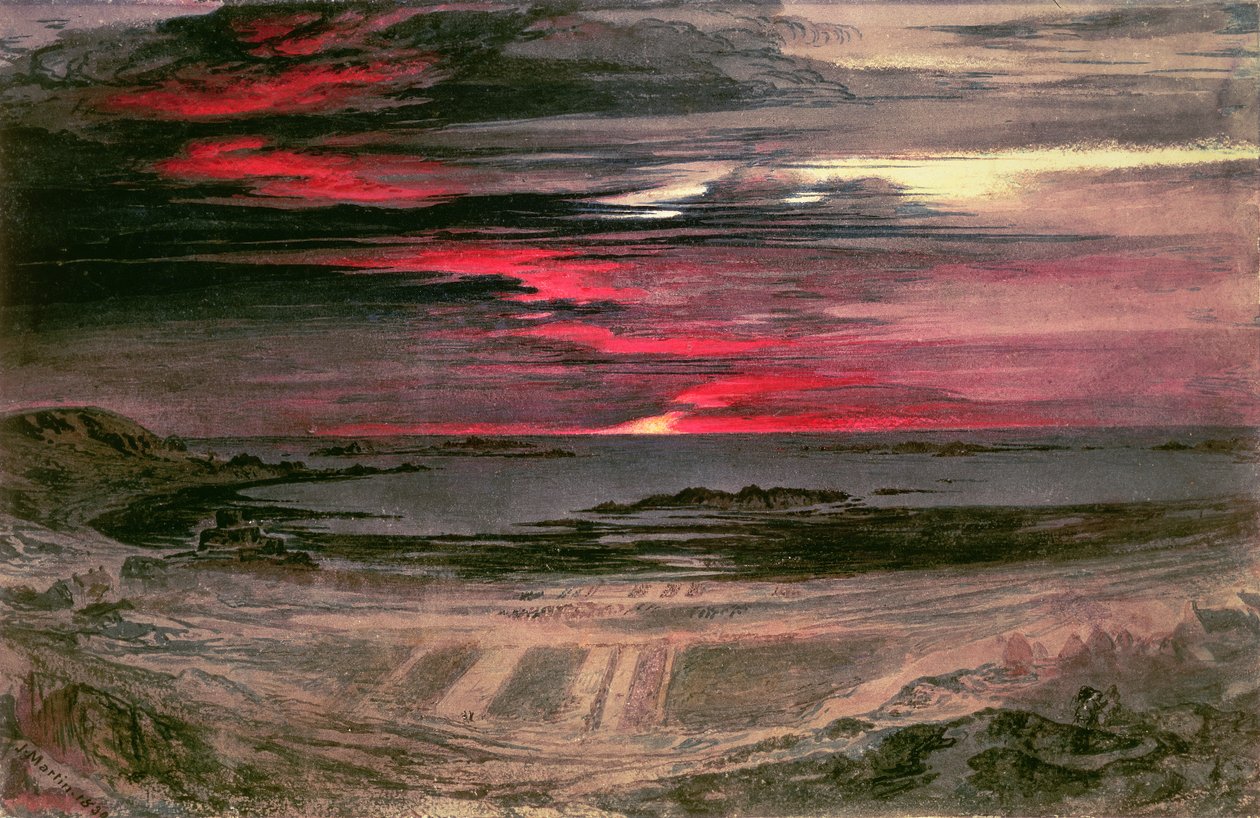 Puesta de sol sobre una bahía rocosa de John Martin