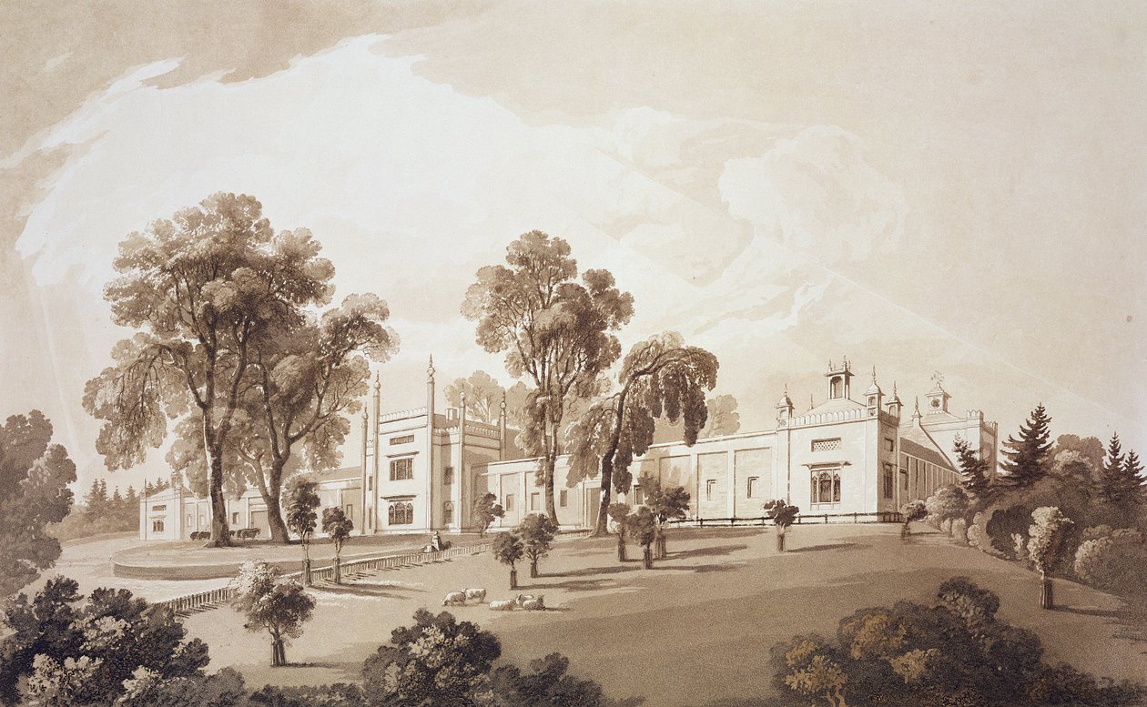 Vista de la Casa de la Granja con Pantalla a los Establos y Edificios de la Granja a la Casa Sezincote, grabado por Frederick Christian Lewis Snr., c.1817-18 de John Martin