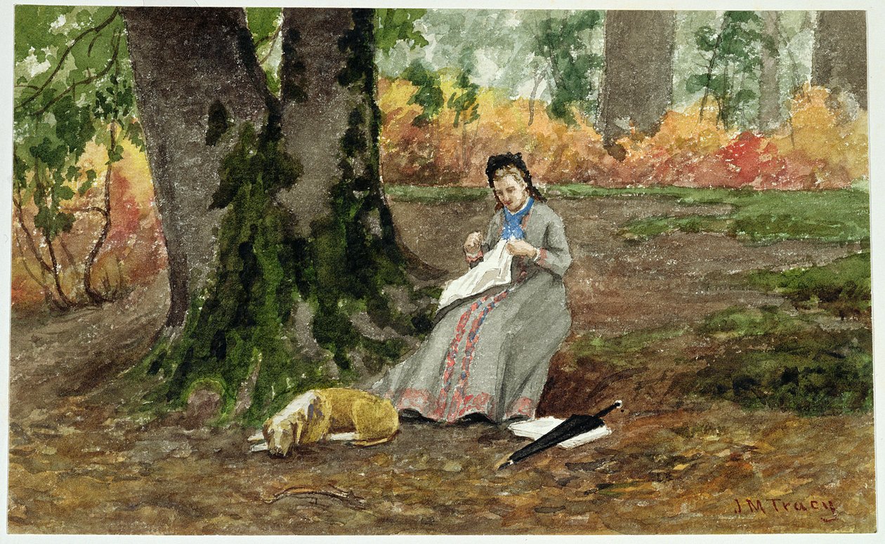 Mujer bordando bajo un árbol de John Martin Tracy