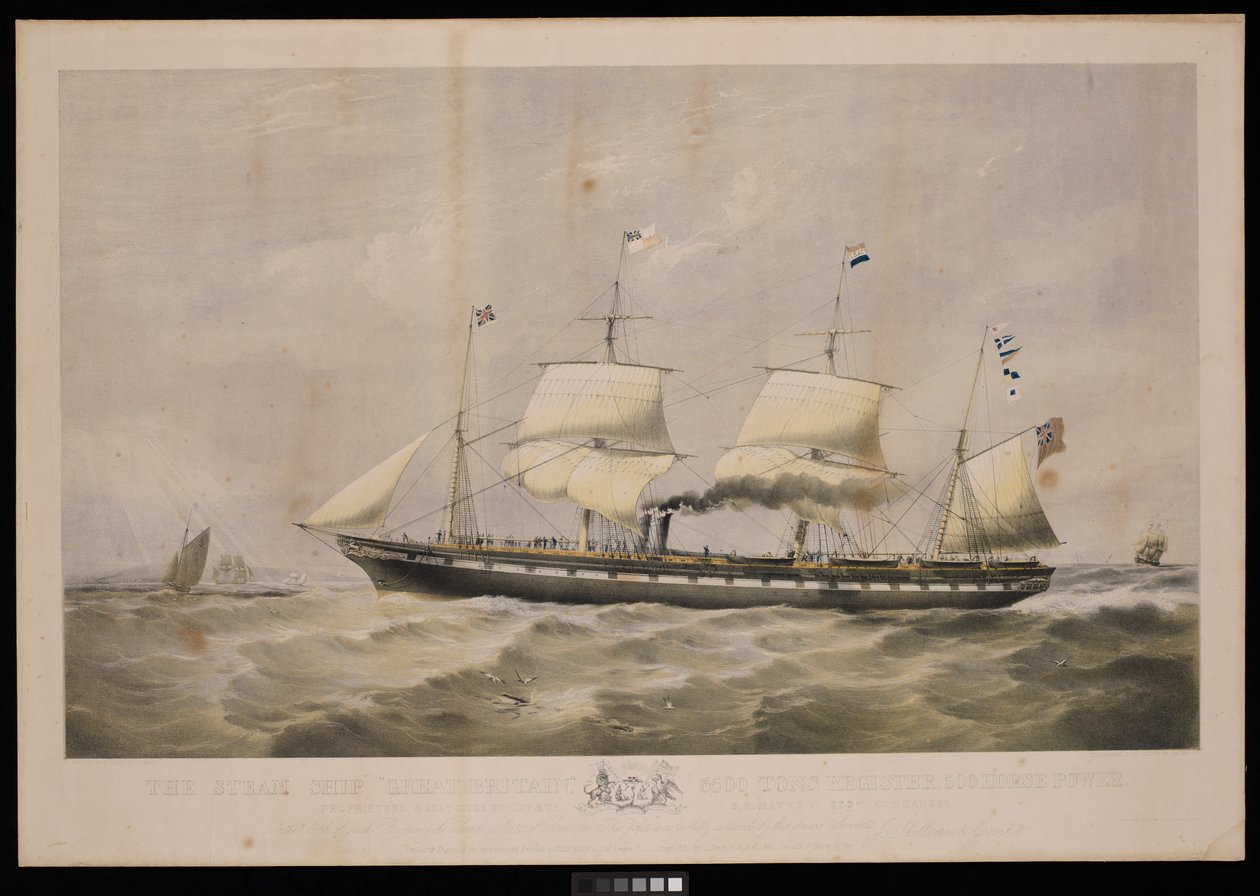 El Barco de Vapor Gran Bretaña... Propietarios Messrs Gibbs  Co... Al pueblo de Gran Bretaña y los Estados Unidos de América, Esta placa está respetuosamente dedicada... de John McGahey
