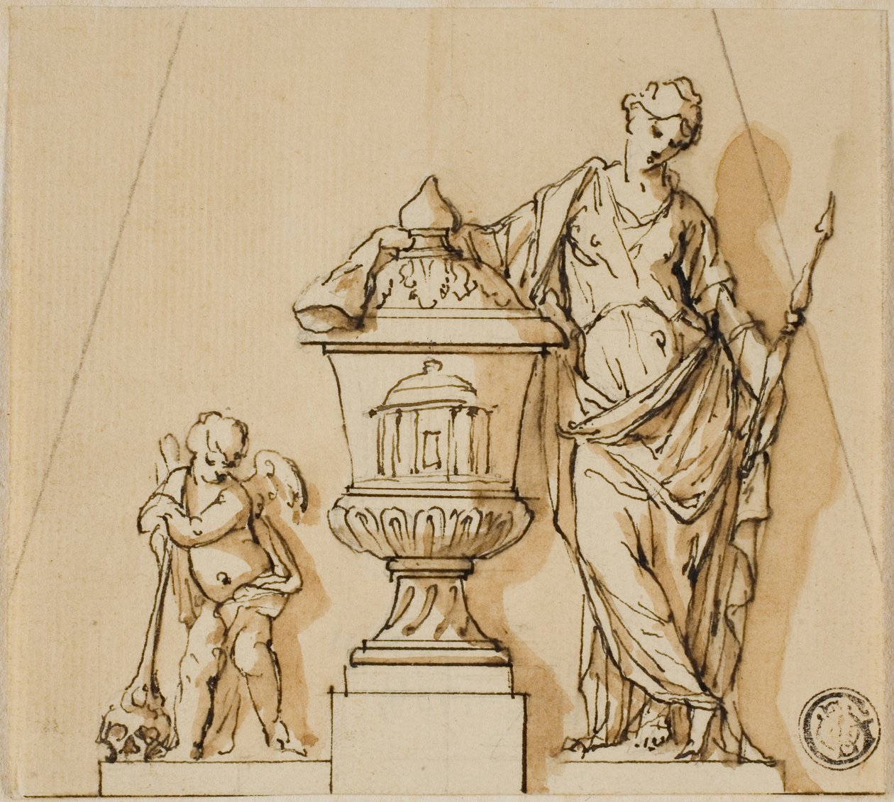 Diseño para un monumento funerario con el destino, putto y urna de John Michael Rysbrack