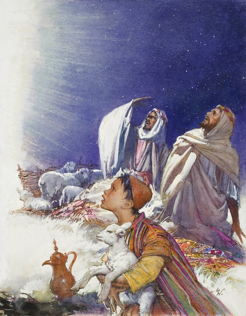 El cuento de Navidad: El cuento de los pastores (gouache sobre papel) de John Millar Watt
