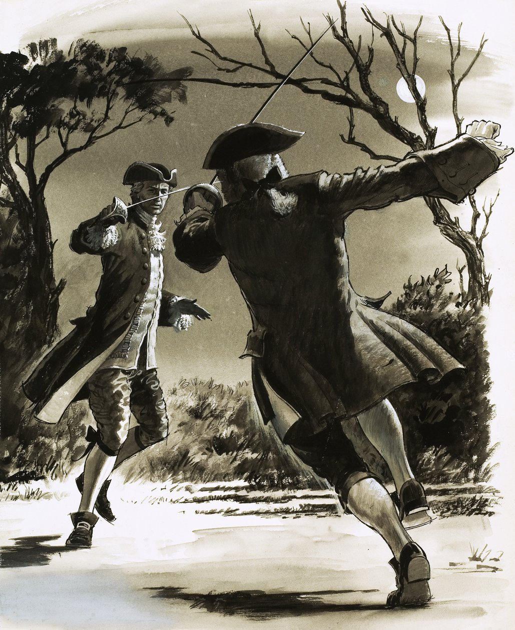 Duelo de espadas de hombres sin identificar a la luz de la luna de John Millar Watt