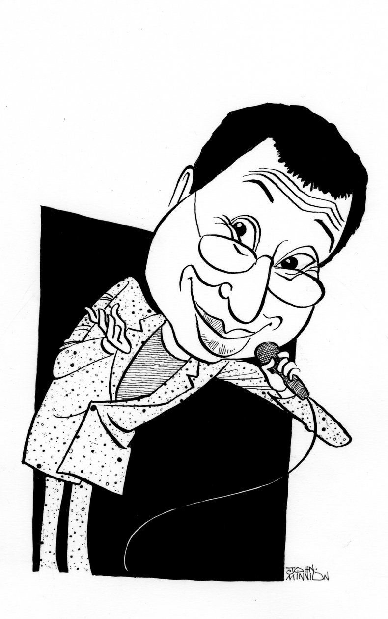 Ben Elton caricatura, cómico, escritor y director inglés: b de John Minnion