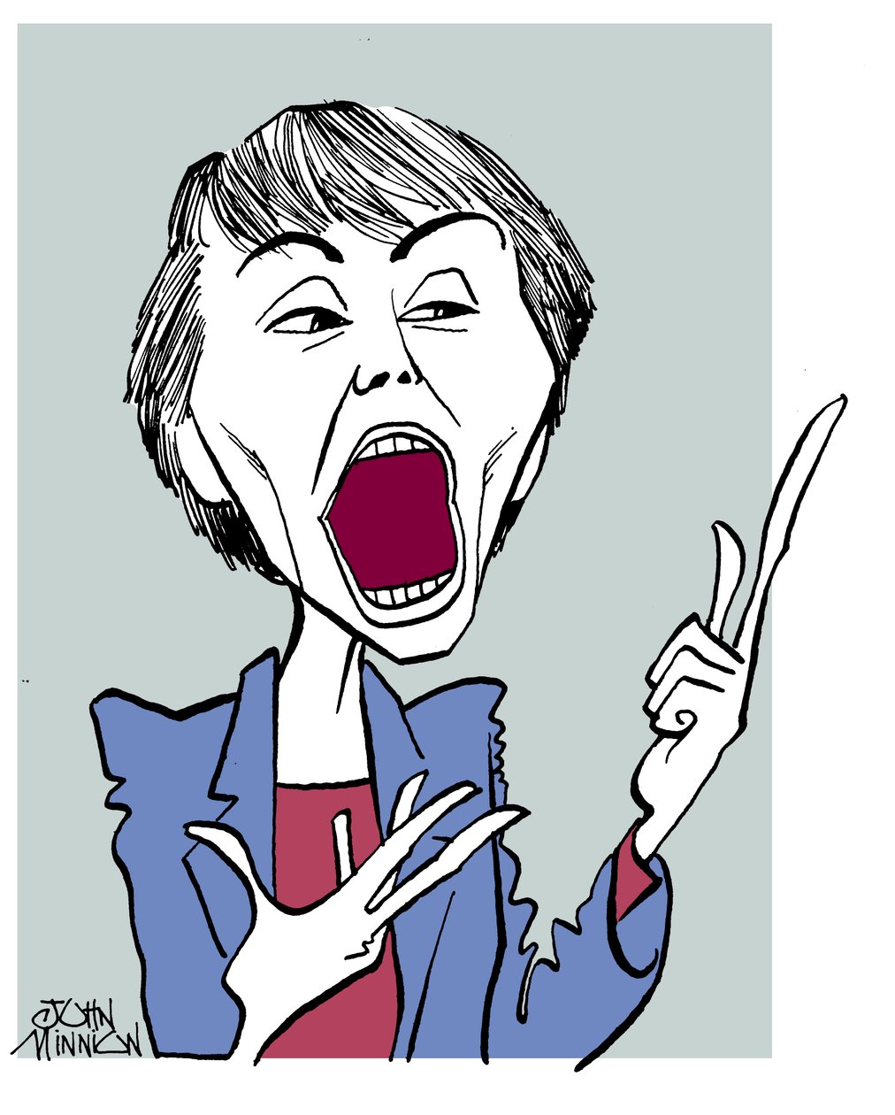 Camille Paglia - caricatura con la boca abierta de John Minnion