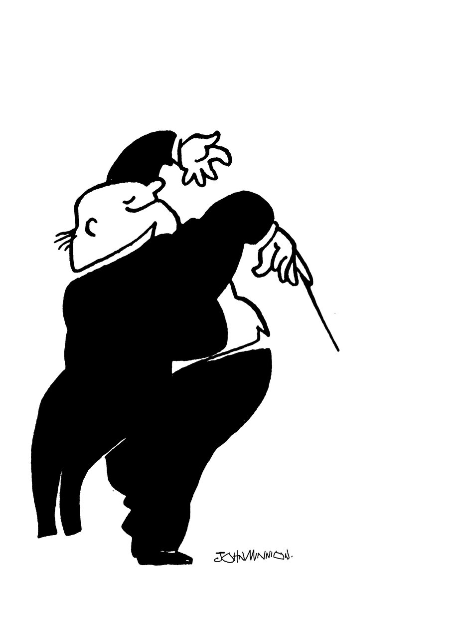 Caricatura de un alegre revisor gordo de John Minnion