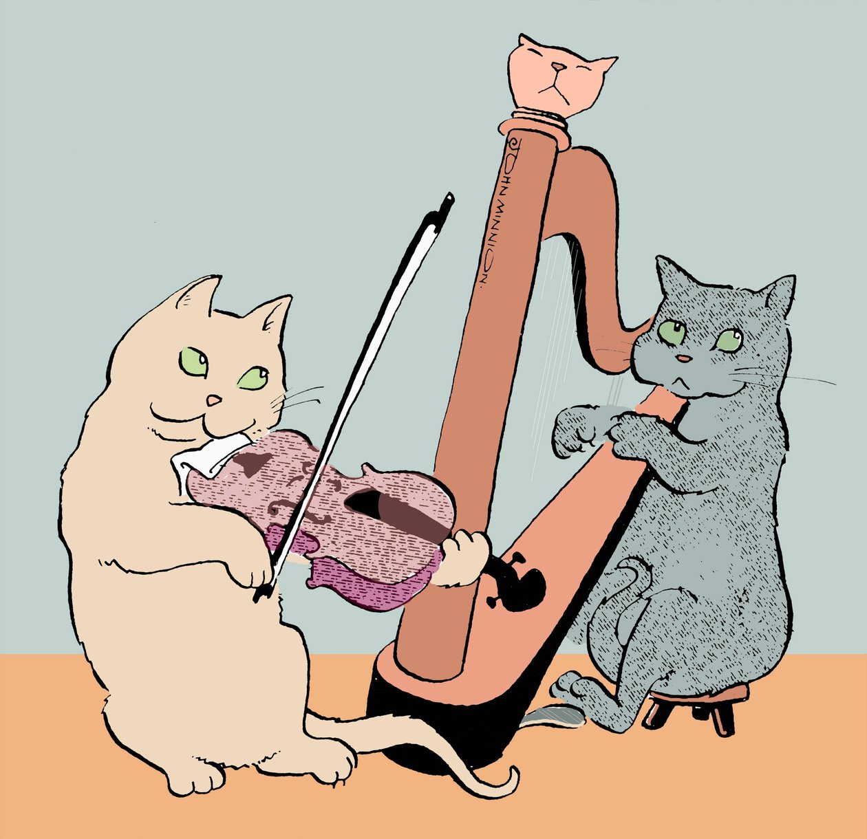 Caricatura de dos gatos tocando el arpa y la viola de John Minnion