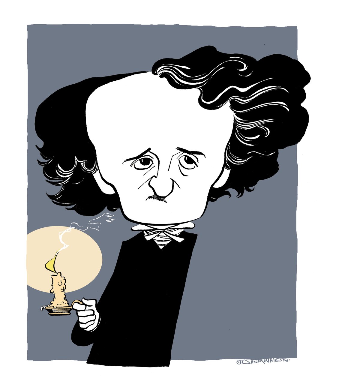 Edgar Allan Poe - caricatura, sosteniendo un bastón de vela de John Minnion