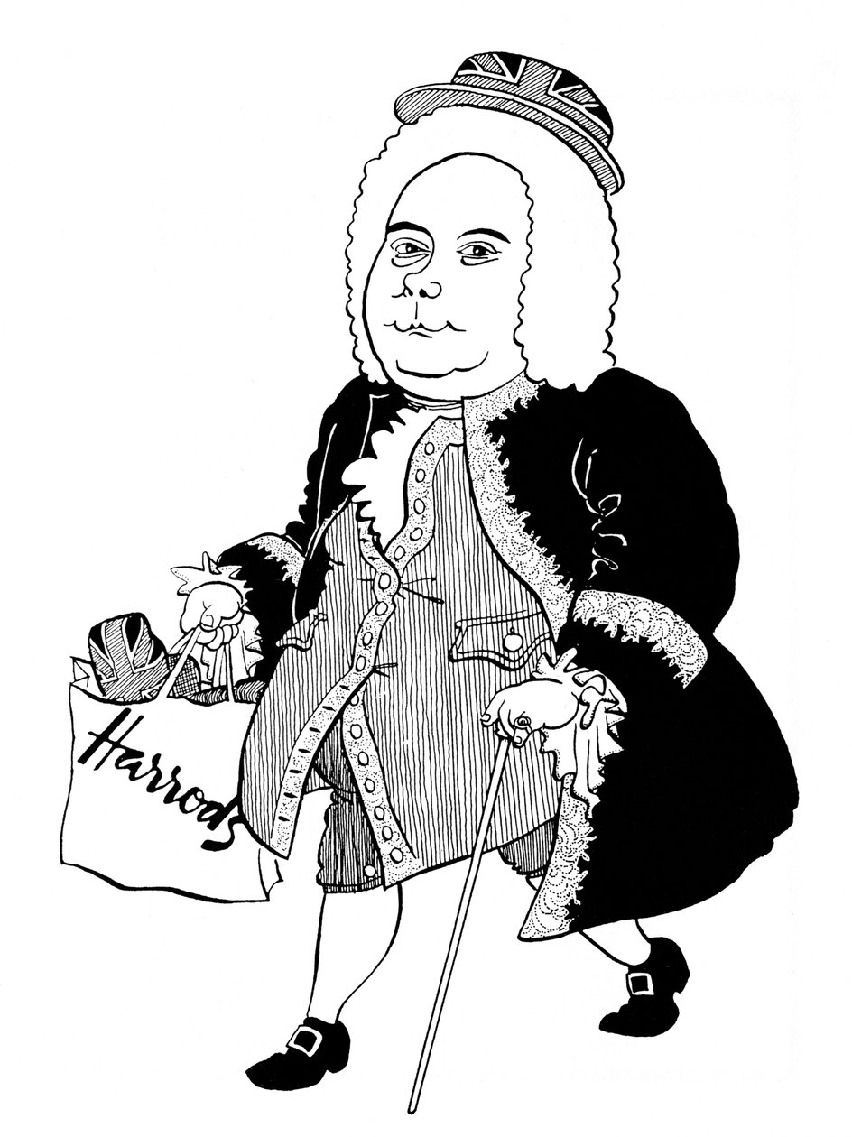 Georg Friedrich - George Frideric Handel - caricatura del compositor alemán (más tarde inglés) con sombrero Union Jack y bolso Harrods de John Minnion