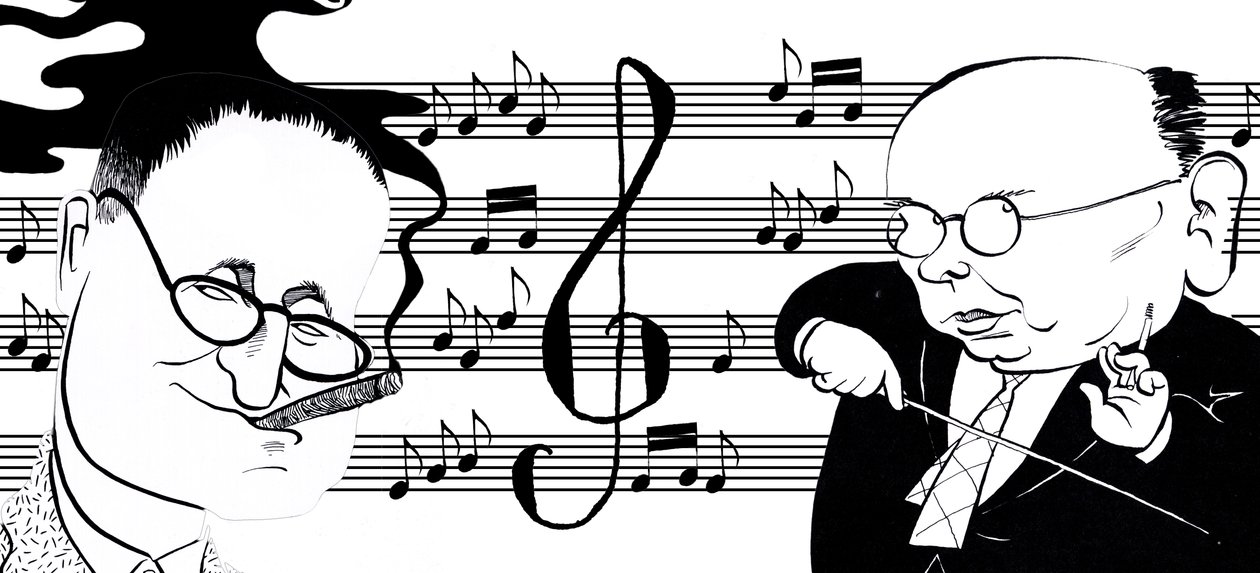 Hanns Eisler y Bertolt Brecht - collage de caricaturas de John Minnion