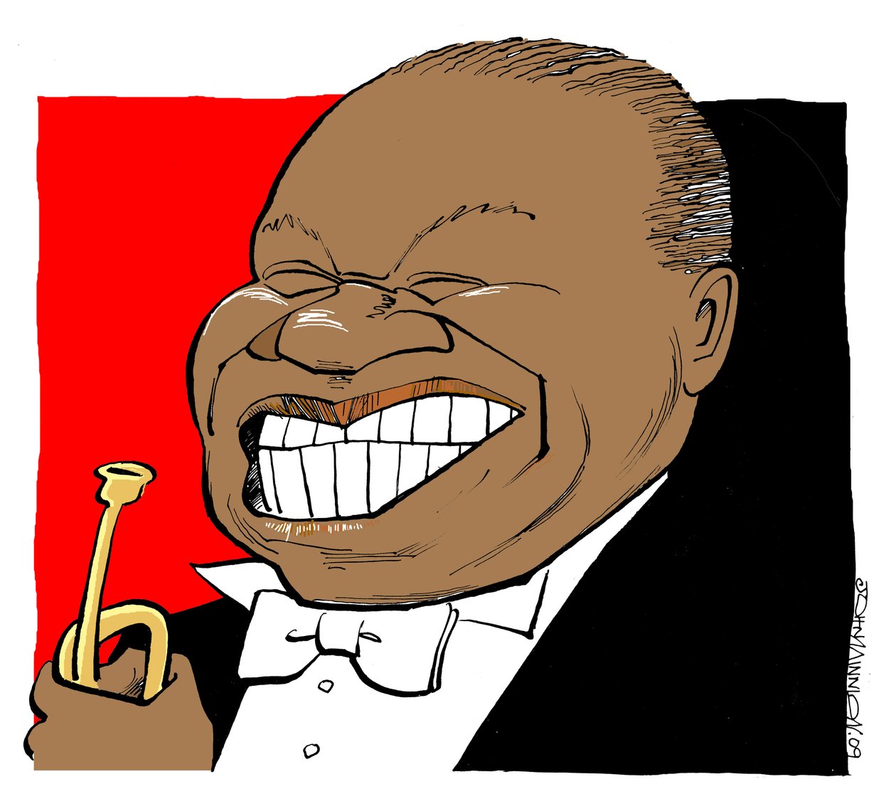 Louis Armstrong - caricatura, tocando la trompeta de John Minnion