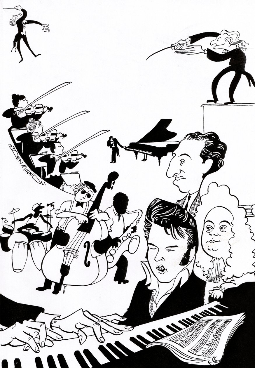 Fantasía musical - portada para libro o artículo de música - con directores, músicos, instrumentos, violín, batería, contrabajo, saxofón, piano, partitura, Elvis, Bach, de John Minnion