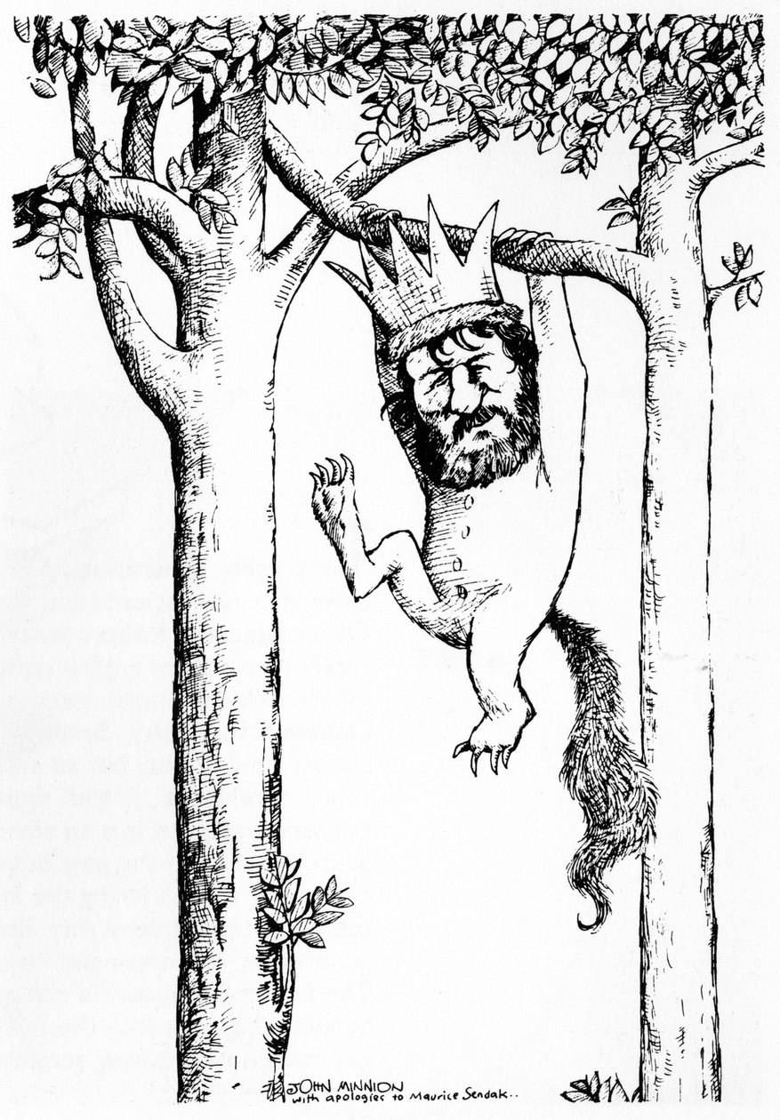 Oliver Knussen - caricatura colgando de un árbol con corona - compositor y director de orquesta inglés - b de John Minnion